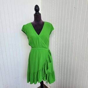 J.Crew Green Faux Wrap Ruffle Dress Knee Length Women's V-Neck Cap Sleeve Sz 2